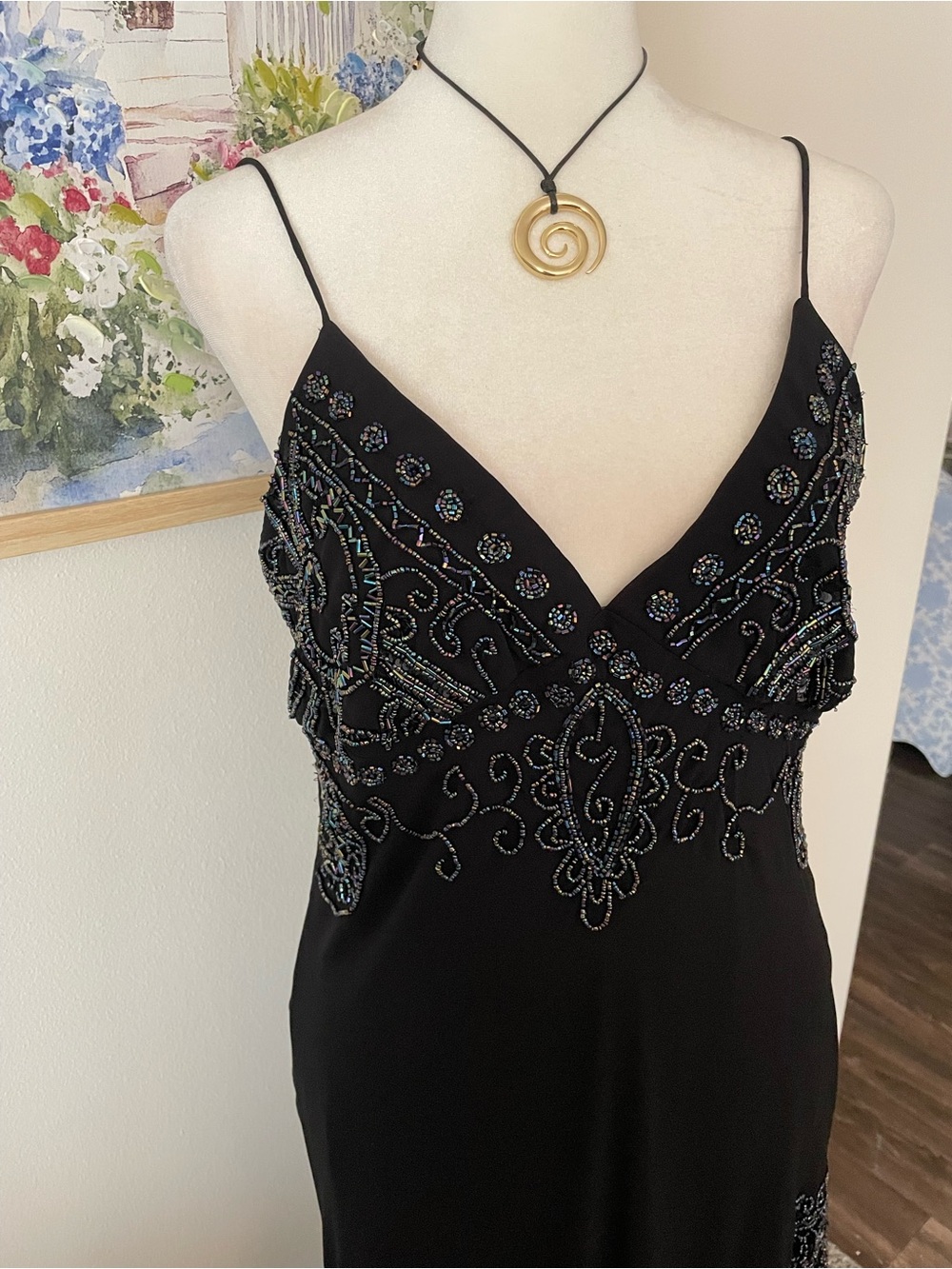 Dressbarn Vintage 90s Y2K Asymmetrical Beaded Ruffle Slip Midi Dress Size US 8 - Picture 2 of 7